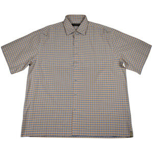 Men's Large Oversized Plaid Button Up Short Sleeve Shirt Orange Blue Silk Blend